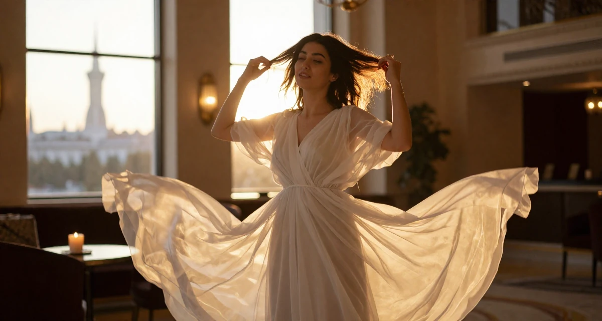 A lighthearted Female From Kyrgyzstan, majored in public health in their 25, vibrating with creative potential, wearing a ethereal spirit dress made of flowing sheer chiffon, fixing a loose strand of hair in a luxury hotel lobby.