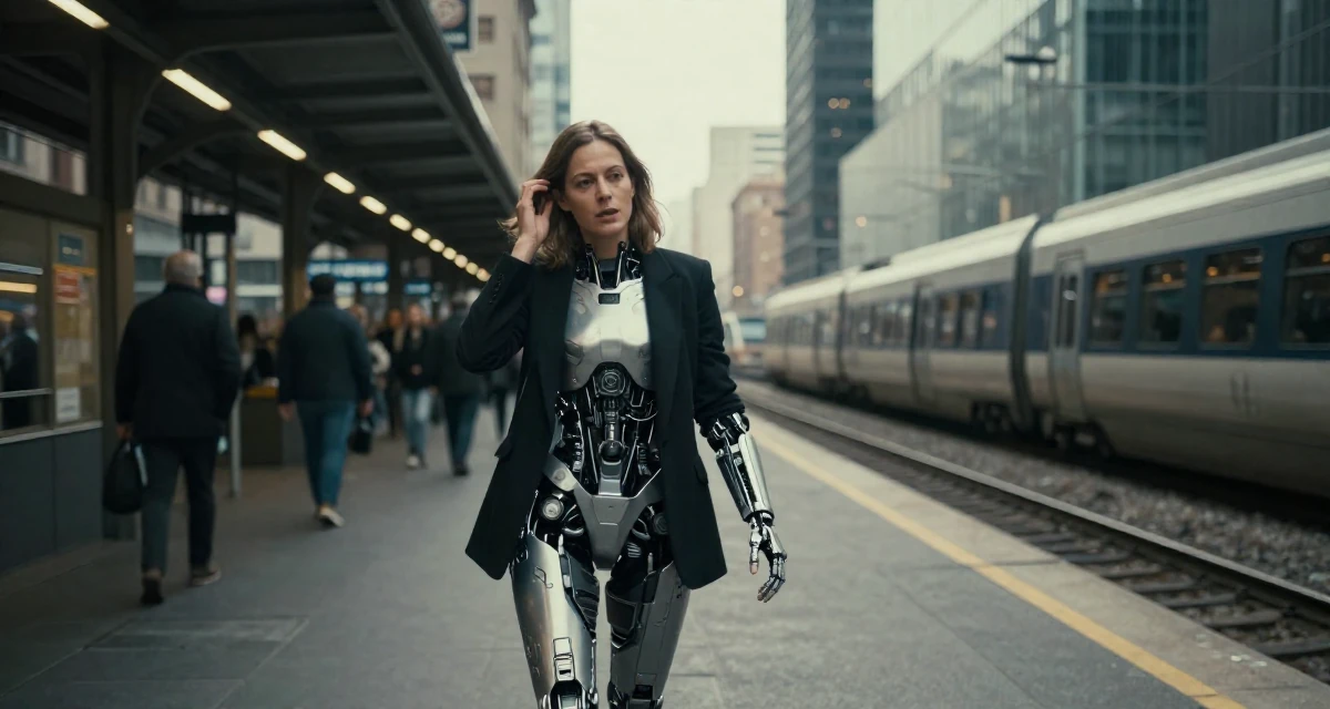A shy Female From Rome Italy, studied classical body aesthetics and figure drawing in their 49, savvy investor sharing retirement planning tips, wearing a futuristic android body armor with exposed mechanical parts, tucking hair behind an ear in a city sidewalk.