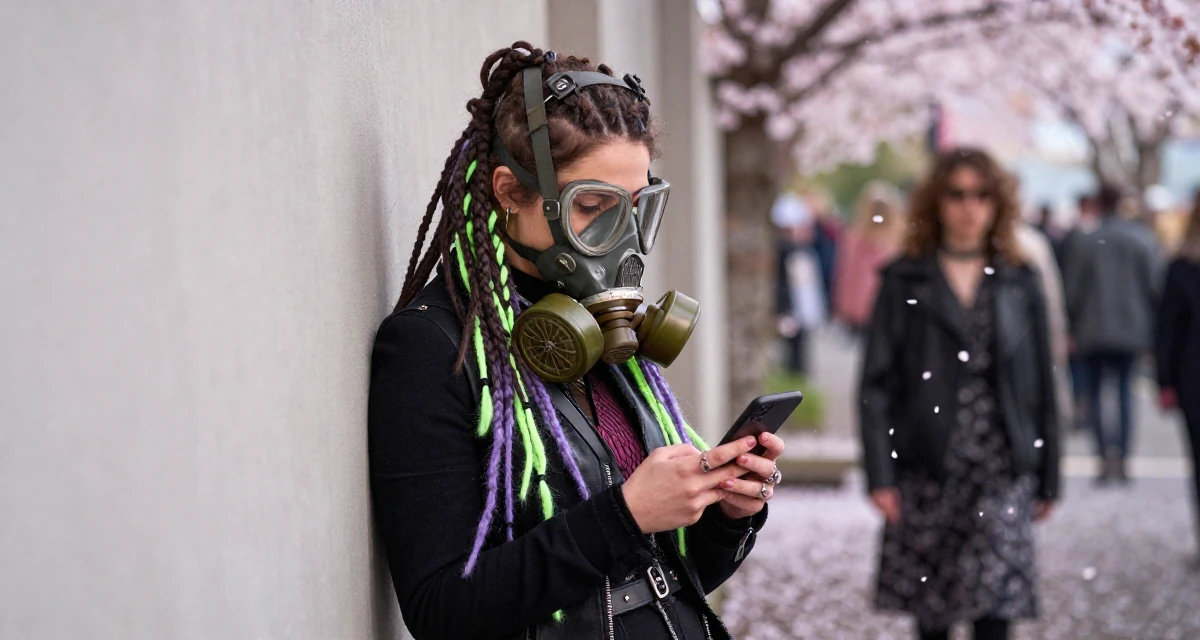 A compassionate Female From Italy, studied restoration of cultural heritage in their 29, fighting the fear of being “too old for the platform”, wearing a cyber-goth outfit with gas mask and neon dreads, scrolling casually in a fashion runway.