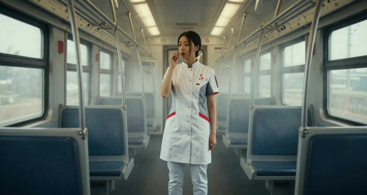 A nostalgic Female From Hangzhou China, majored in visual arts in their 42, single and thriving in a new city, wearing a futuristic medic uniform with white and red details, humming a tune visually in a train carriage.