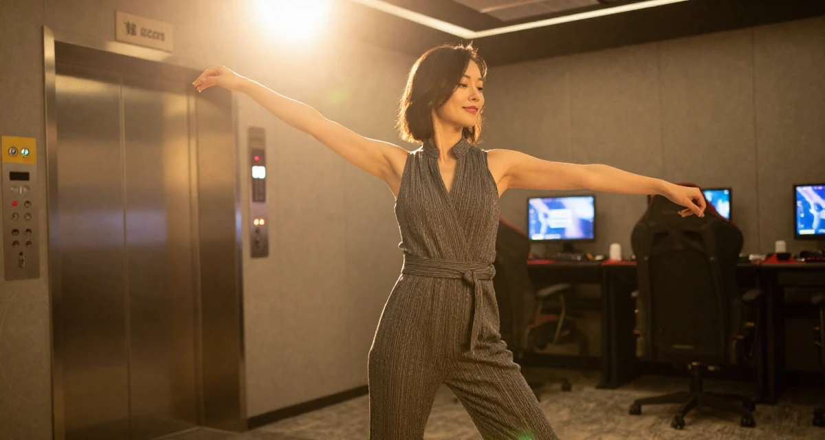 A satisfied Female From Chongqing China, trained in yoga and body-movement expression in their 30, stepping confidently into a new decade of life, wearing a chic jumpsuit styling, stretching arms after waking in a gaming room.