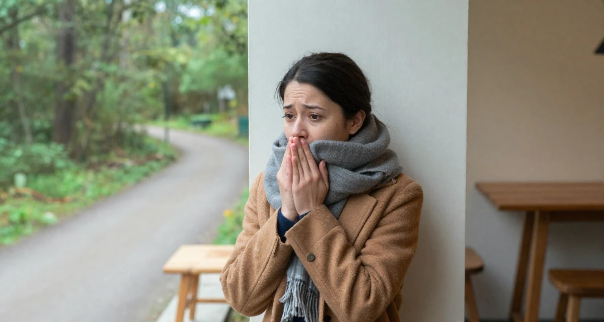 A stunned Female Once a babysitter, now documenting grown-up self-expression in their 28, leading a small team for the first time, wearing a layered autumn coat and scarf, shivering slightly in a forest path.