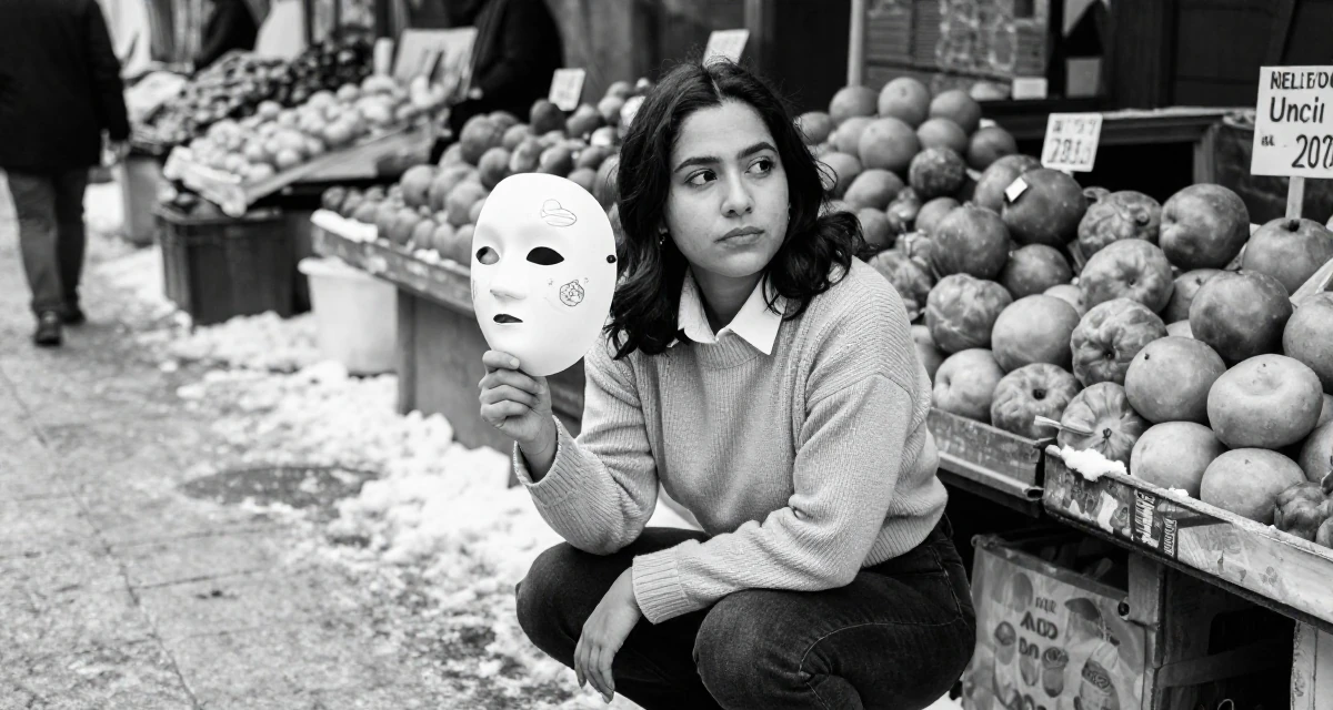 A absent-minded Female From Mexico, studied graphic design and illustration in their 24, reinvesting earnings in better lighting and props, wearing a cropped sweater over a collared shirt, holding a mask (cosplay/prop) in a snowy sidewalk.