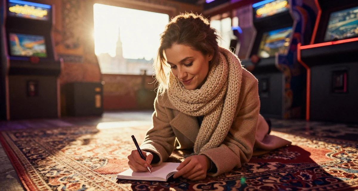 A smiling gently Female From Stockholm Sweden, studied minimalist aesthetics and body symmetry in their 25, treating sensual creativity as a serious artistic craft, wearing a heavy knit scarf and coat, writing in a notebook in a arcade room with neon lights.