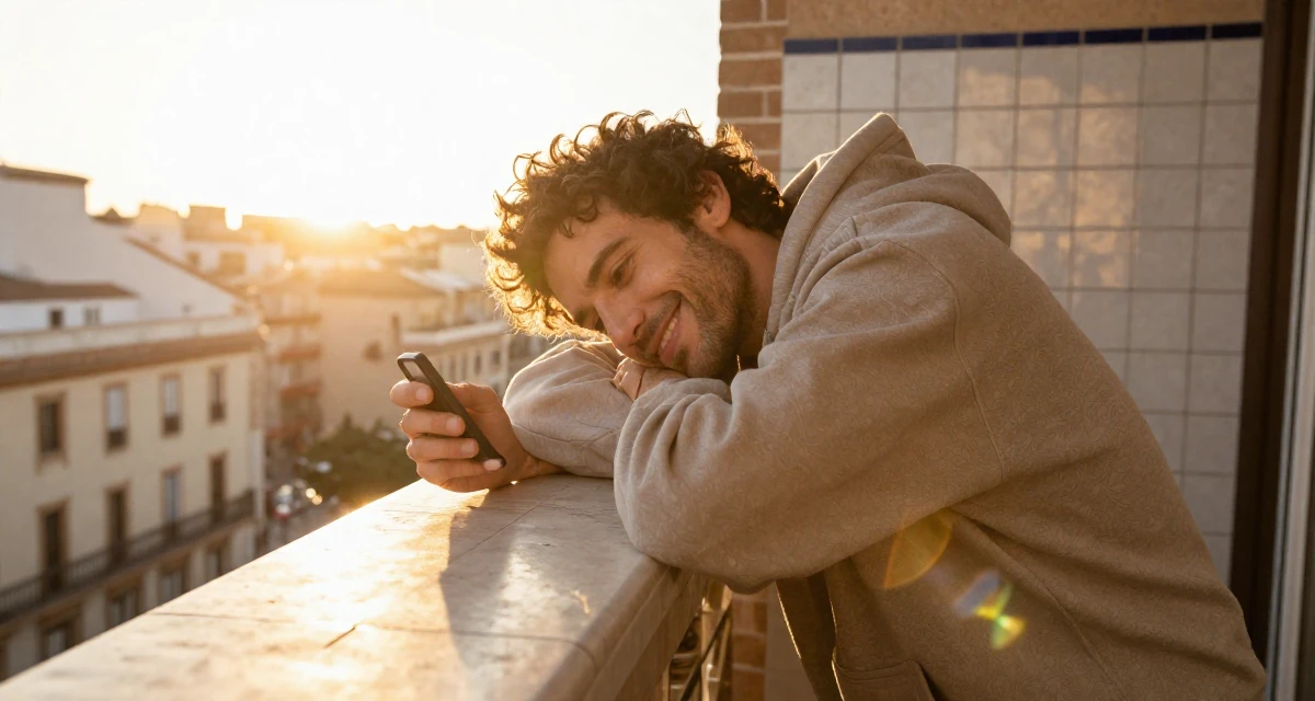A cheerful male From Spain, studied audiovisual communication in their 42, finding peace in a slower intentional lifestyle, wearing a oversized hoodie worn as a dress, inspecting an object in a luxury penthouse balcony.