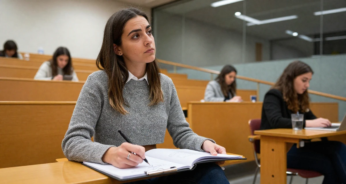 A pensive Female From Spain, studied audiovisual communication in their 20, creating content for a growing online audience, wearing a cropped sweater over a collared shirt, sketching on a pad in a lecture hall.