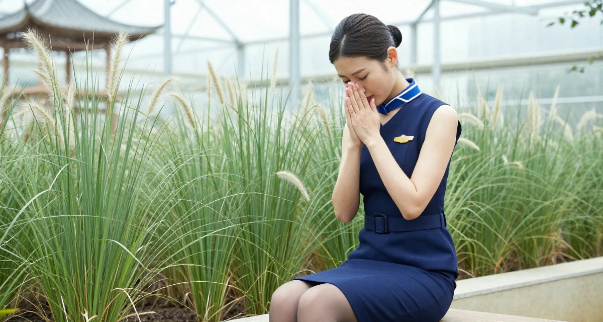 A tired Female Former flight attendant, now offering global-inspired aesthetic content in their 25, experimenting with niche themes to stand out, wearing a fitted sleeveless shift dress with a belt, rubbing hands together for warmth in a greenhouse interior.