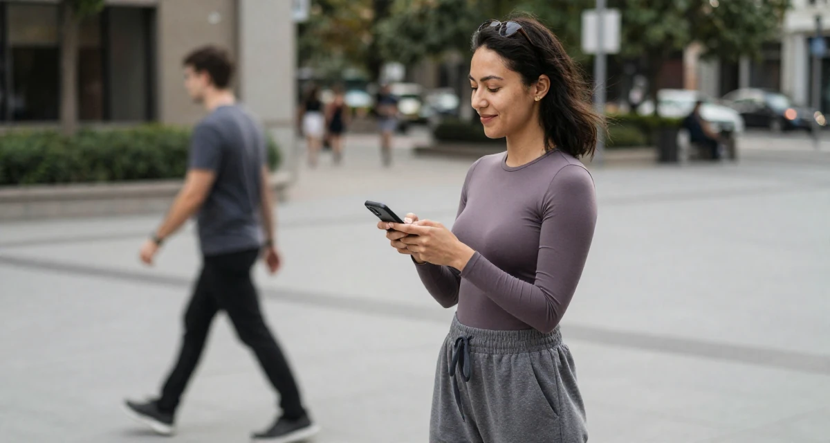 A quietly happy Female Once a biology teacher, now exploring artistic movement expression in their 27, contemplating a major career pivot, wearing a high-cut bodysuit paired with loose jogging bottoms, unlocking a phone screen in a pedestrian plaza.