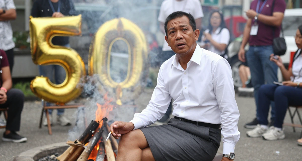 A subtly surprised male From Philippines, studied nursing before switching careers in their 50, golden jubilee celebration of life, wearing a office lady pencil skirt and tight white shirt, holding a cigarette (lit or unlit) in a campfire circle.