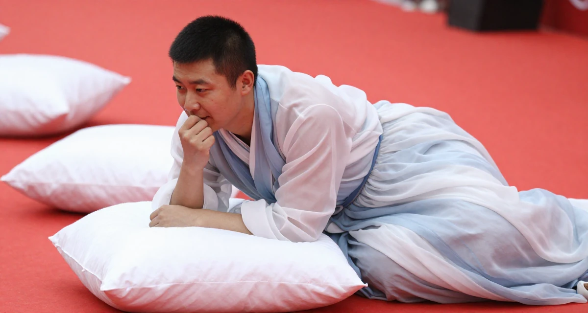 A serene and peaceful male From Mongolia, based in Ulaanbaatar, graduated from a national university majoring in media studies in their 25, thinking about long-term investments, wearing a ethereal spirit dress made of flowing sheer chiffon, biting the lower lip softly in a red carpet event.