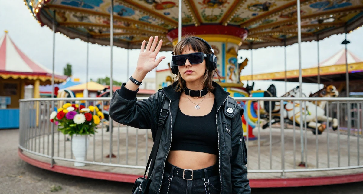 A serious Female From Spain, majored in public relations and advertising in their 23, building content while fighting the urge to quit every week, wearing a cyberpunk hacker outfit with oversized tech glasses, lowering sunglasses to look out in a carnival with rides.