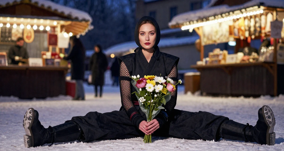 A serene Female From Sweden, majored in industrial engineering in their 25, radiating an elegant and poised vibe, wearing a ninja kunoichi outfit with fishnet details, holding a bouquet in a night market stall.