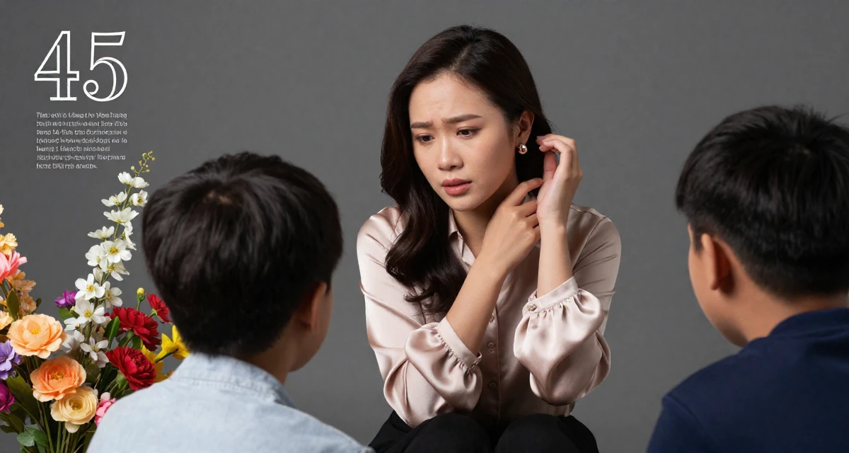A emotionally moved Female From Vietnam, based in Nha Trang, graduated from a media school majoring in soft-romantic content direction in their 45, helping kids apply for college and empty nesting, wearing a silk blouse with oversized cuffs, tucking hair behind an ear in a photo studio.