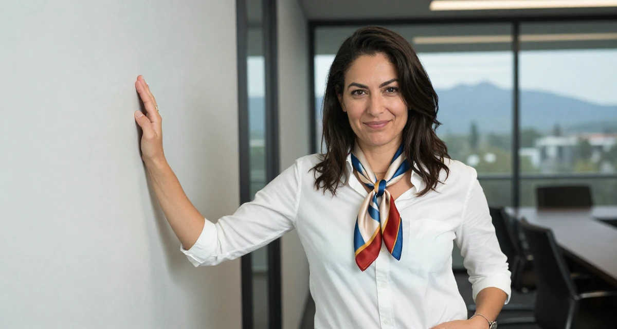 A flirty Female From United States, studied health science in their 49, focusing on spiritual growth and grounding, wearing a silk scarf tied around the neck of a white shirt, sliding a hand into a pocket in a glass-walled conference room.