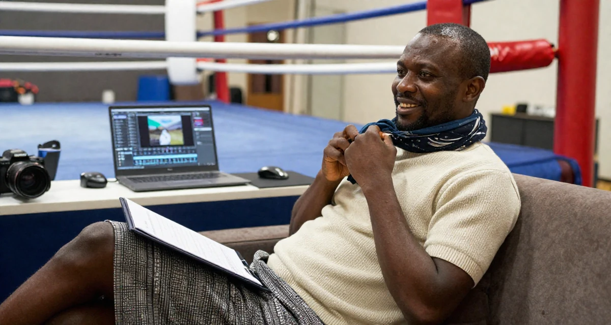 A radiant male From Nairobi Kenya, holds a degree in communications in their 31, teaching photography and editing skills, wearing a short sleeve cashmere sweater and a skirt, wrapping a scarf around the neck in a boxing ring.