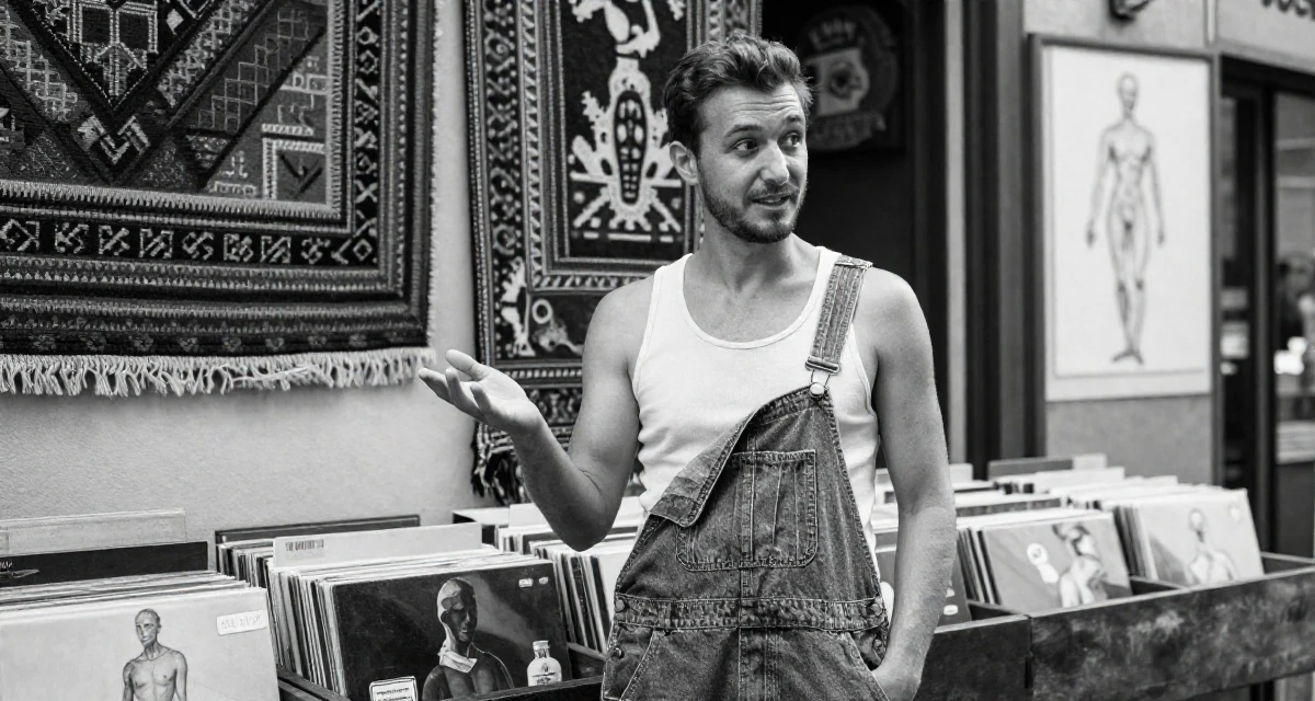 A sympathetic male From Rome Italy, studied classical body aesthetics and figure drawing in their 37, rebuilding savings after unexpected expenses, wearing a tube top and oversized denim overalls with one strap down, gesturing while talking in a vintage record store.