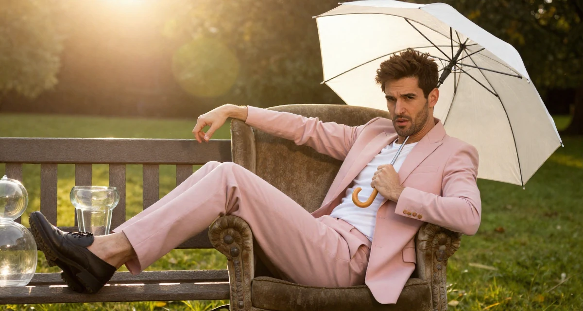A magnetic male From UK, trained in musical theatre in their 25, learning how poses can feel powerful instead of scary, wearing a tailored pantsuit in pastel pink with a white top, holding an umbrella in a park bench.