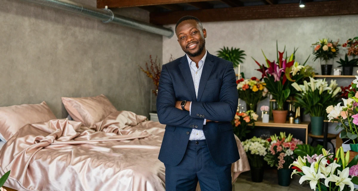 A playful male Raised in Kenya, studied digital entrepreneurship in their 25, building a loyal fanbase with tasteful flirty storytelling, wearing a tailored shorts suit with a matching jacket, crossing arms confidently in a flower shop.