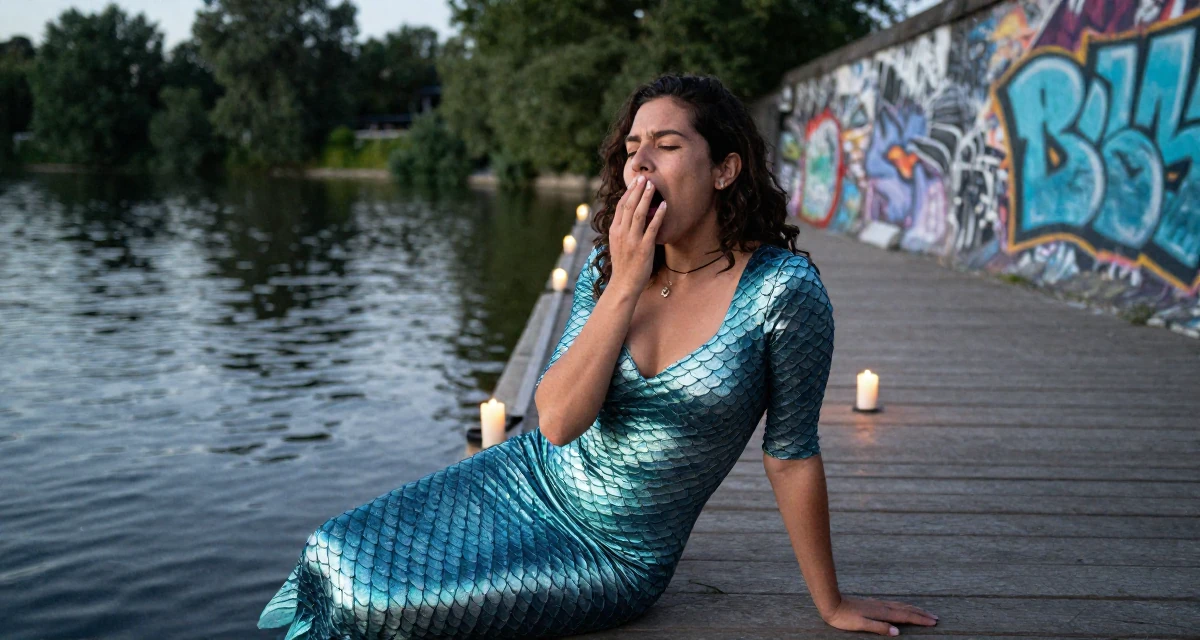 A hopeful Female Born in Colombia, trained in audiovisual communication in their 25, discovering what content feels comfortable or not, wearing a mermaid scale texture bodysuit with fin details, yawning discreetly in a serene lakeside dock.