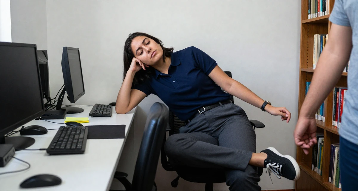 A lazy Female Raised in Mexico, majored in e-commerce management in their 22, exhausted from the hustle of side gigs, wearing a smart polo shirt and slacks, holding hands with someone unseen in a quiet library corner.