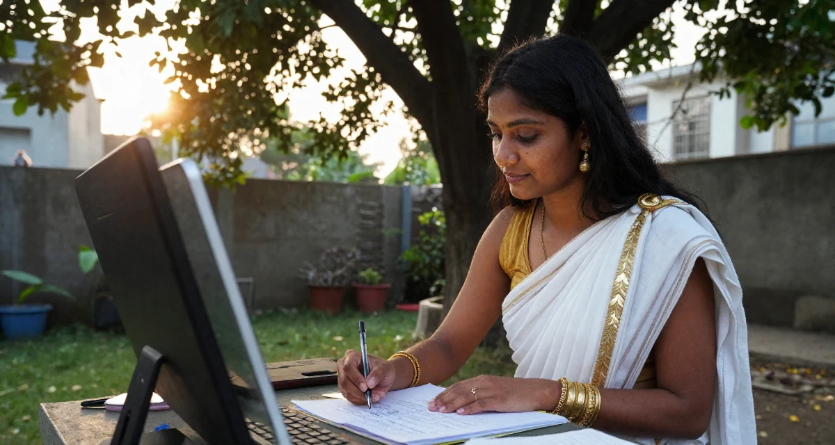 A gentle Female From Bangladesh, based in Chittagong, graduated from a technical college majoring in graphic design in their 25, realizing no one teaches emotional labor in creator work, wearing a greek goddess toga with gold leaf accessories, holding a pen poised to write in a backyard garden.