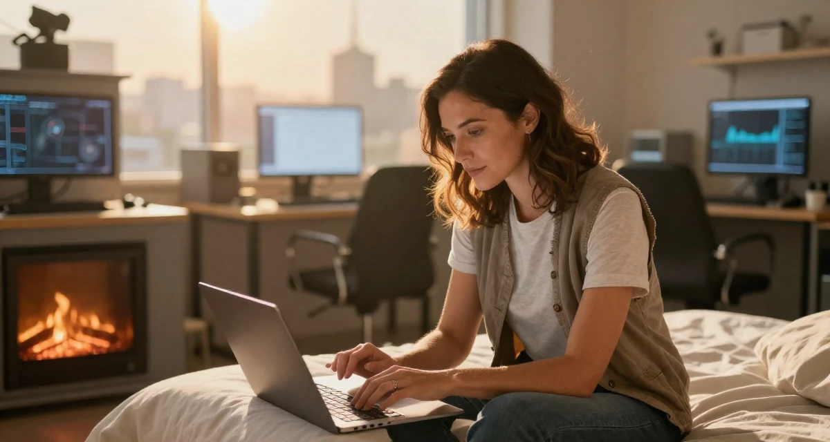 A elegant Female Once a kindergarten teacher, now a full-time lifestyle content creator in their 30, recovering workaholic learning to relax, wearing a casual vest and t-shirt layer, scrolling casually in a cybernetic computer lab.