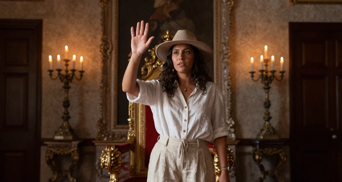 A focused Female From Bolivia, based in Santa Cruz, graduated from a media academy majoring in creative strategy in their 28, mastering the art of work-life boundaries, wearing a loose-fitting linen trousers, adjusting a hat in a royal palace throne room.