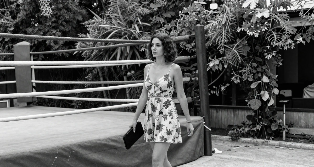 A carefree Female From Turkey, based in Antalya, graduated from a film school majoring in mood-driven visual expression in their 28, learning to separate self-worth from subscriber numbers, wearing a backless summer sundress in a floral print, clutching a clutch bag in a boxing ring.