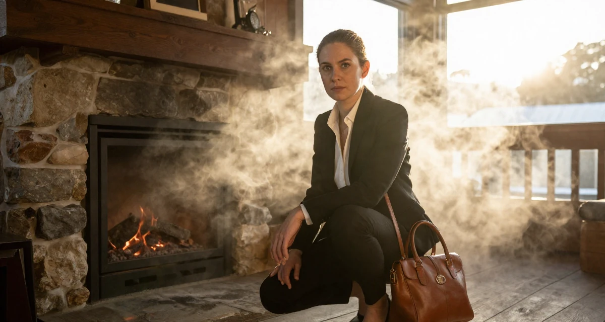 A serious Female From New Zealand, based in Auckland, graduated from an arts college majoring in emotional performance art in their 31, recently paid off student loans, wearing a sharp business casual attire, carrying a leather handbag in a ski lodge fireplace.
