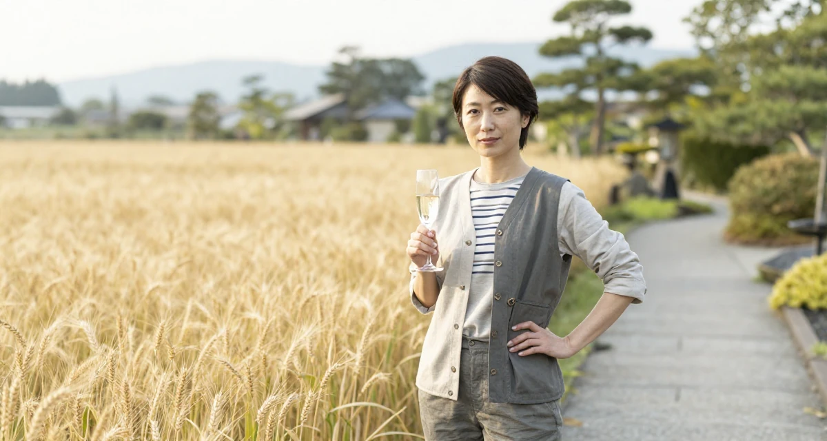 A confident Female From Japan, majored in sociology in Tokyo in their 49, expert in antique restoration and design, wearing a modern utilitarian outfit, holding a champagne glass in a golden wheat field.