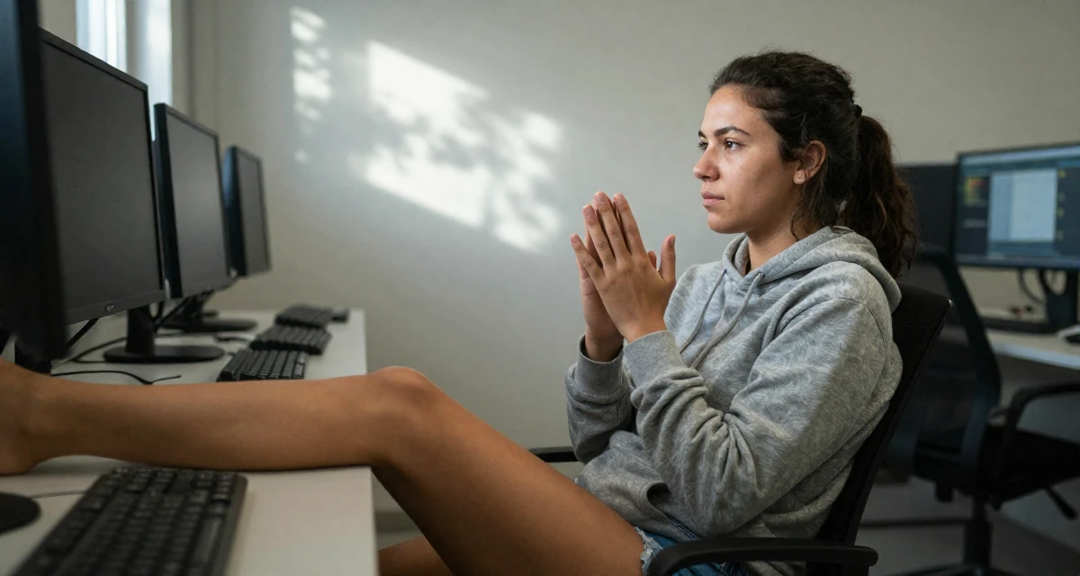 A introspective Female From Cuba, majored in agricultural economics in their 22, joining creator communities for tips and support, wearing a casual hoodie and denim shorts, clasping hands together in a cybernetic computer lab.