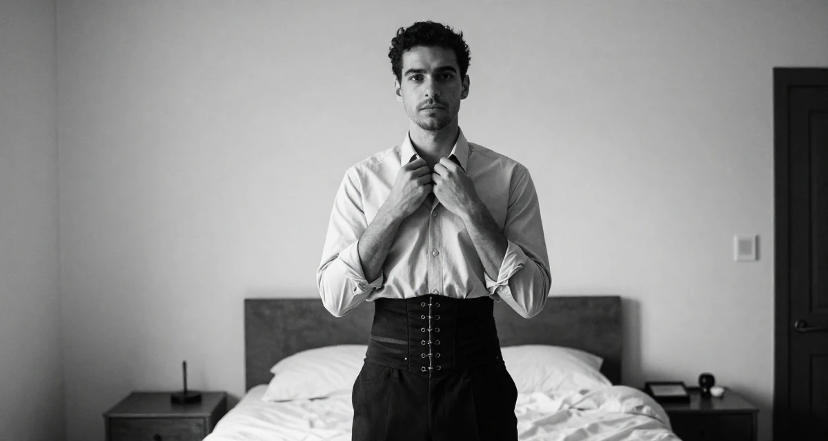 A grounded male From New York USA, learned editorial posing through fashion internships in their 25, confident enough to wear what they truly like, wearing a button-up shirt with a corset belt and black pants, fixing a collar in a minimalist bedroom.