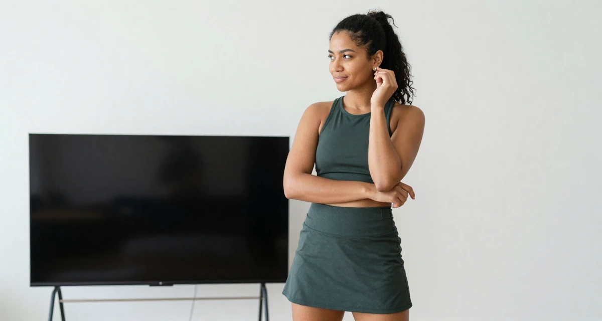 A lighthearted Female From the Netherlands, based in Utrecht, graduated from a creative academy majoring in UX design in their 29, learning self-discipline the hard way, wearing a fitted crop top and a mini tennis skirt, putting on earrings in a tv set.