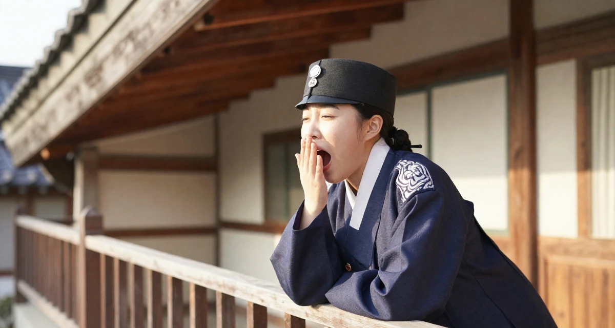 A charming Female From South Korea, based in Jeju, graduated from a fashion school majoring in body language aesthetics in their 20, full of naive optimism and energy, wearing a imperial officer uniform with a peaked cap, yawning discreetly in a attic room.