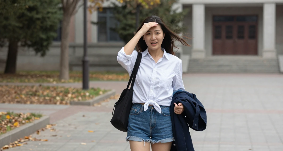 A triumphant Female From China, studied computer graphics in their 28, questioning whether to scale up or scale back, wearing a button-down shirt tied at the waist and denim cutoffs, shielding face from the wind in a university campus.