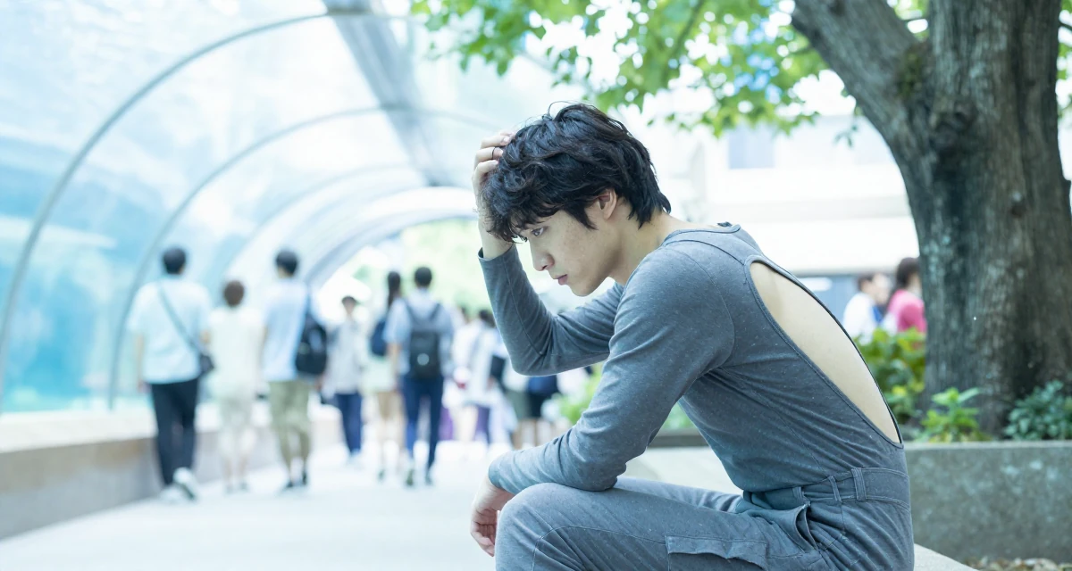 A introspective male From Japan, majored in animation in their 25, preparing for larger adult responsibilities, wearing a fitted jumpsuit with an open back design, scratching a head lightly in a aquarium tunnel.