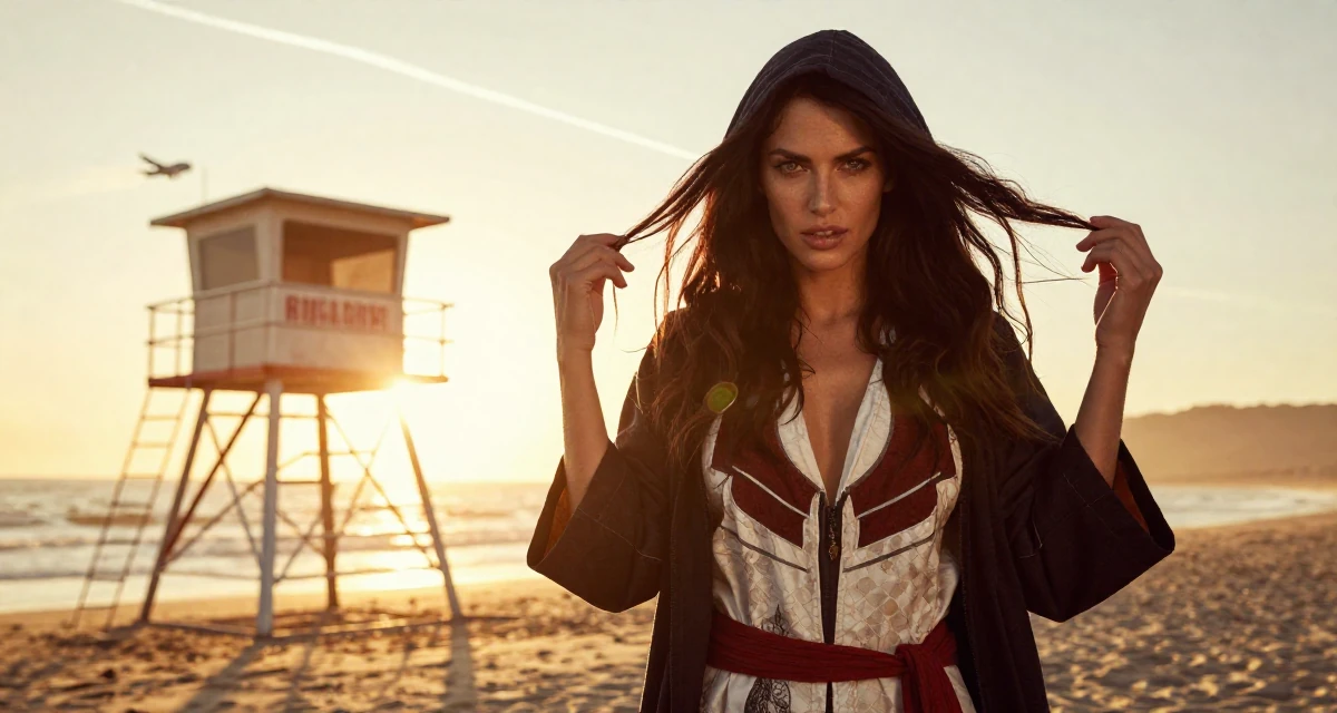 A magnetic Female Once a lifeguard, now shooting athletic, beach-centered content in their 24, choosing props that elevate sensual tension, wearing a assassin creed style hooded robe and tunic, retouching hair volume in a sunset beach.