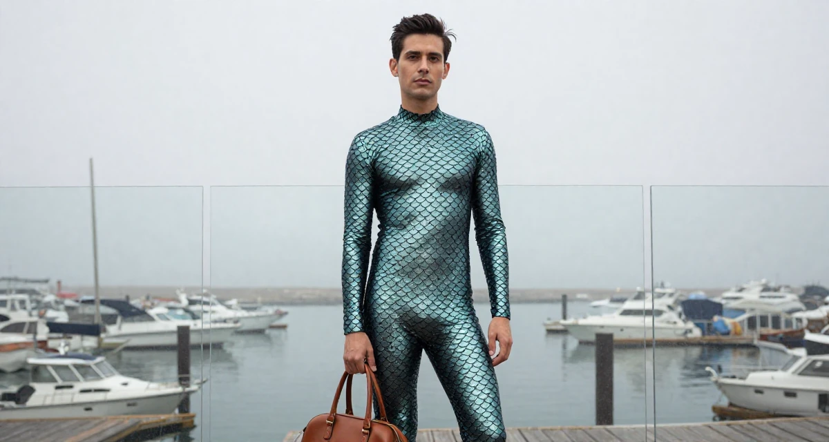 A placid male Former Uber driver, now building slow-burn lifestyle storytelling in their 25, embracing solitude and self-discovery, wearing a mermaid scale texture bodysuit with fin details, carrying a leather handbag in a foggy harbor.
