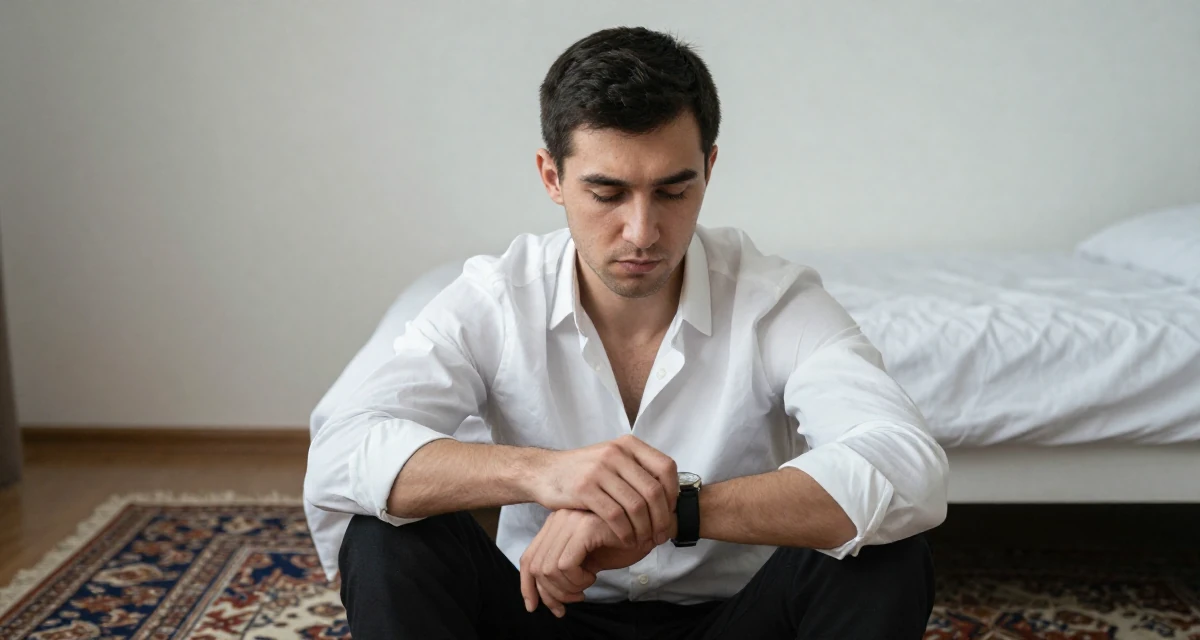 A deeply thinking male From Kyrgyzstan, majored in public health in their 25, experimenting with playful photos that boost confidence, wearing a white shirt unbuttoned to the chest, glancing at a wristwatch in a minimalist bedroom.