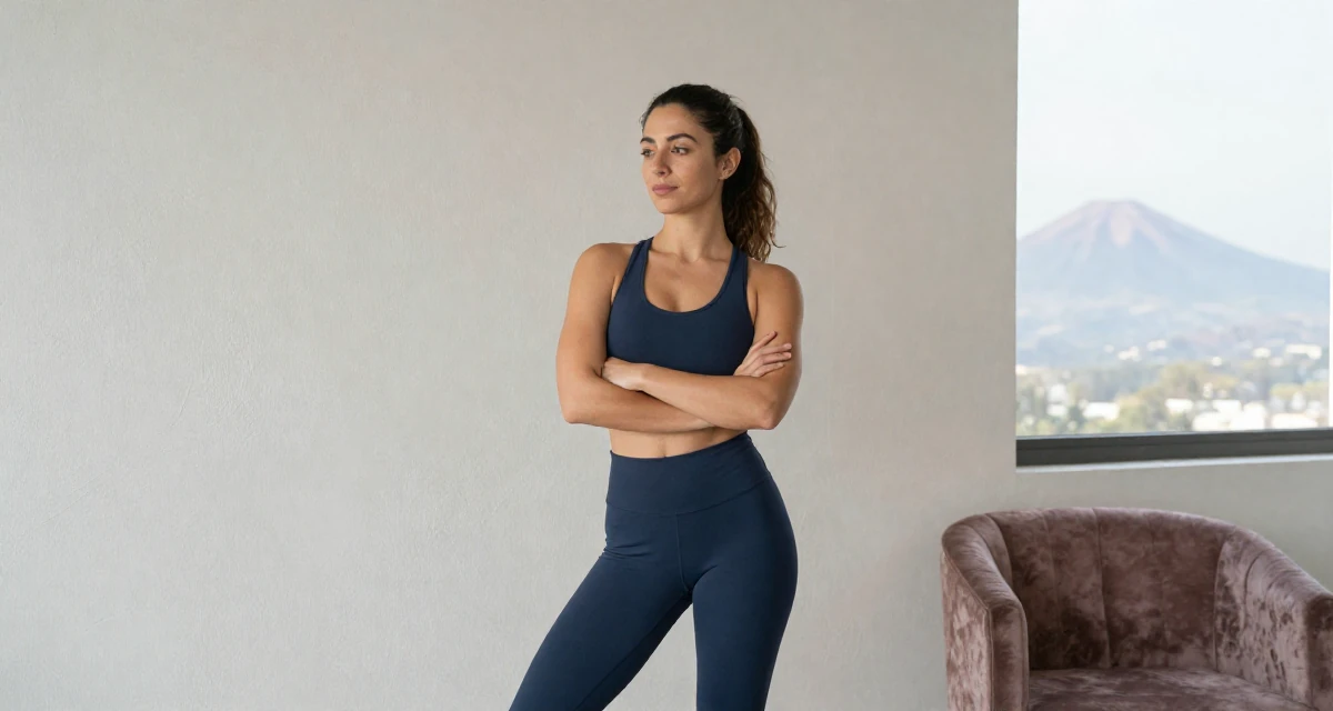 A relaxed Female From Athens Greece, learned movement expression through traditional dance in their 22, balancing personal dating life with creator identity, wearing a fitted athletic wear, crossing arms confidently in a yoga studio.
