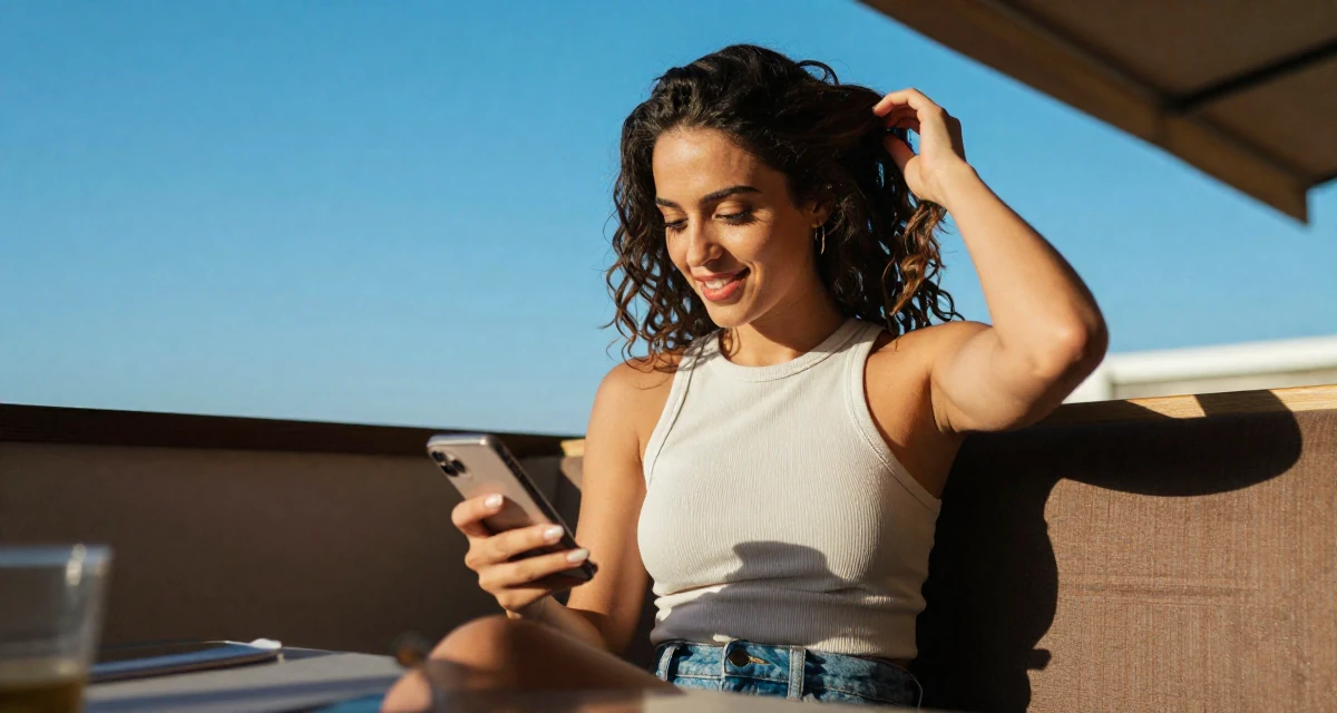 A joyful Female From Alexandria Egypt, practiced creative self-portraiture in their 25, crafting a cute–seductive persona while studying full-time, wearing a fitted ribbed tank top and high-waisted denim shorts, checking a phone in a restaurant booth.