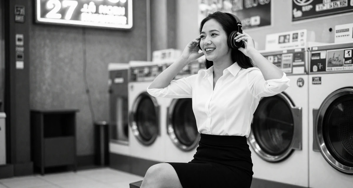 A joyful Female Raised in Vietnam, studied digital illustration in their 27, embracing natural beauty and minimalism, wearing a fitted white button-down shirt and a black pencil skirt, adjusting headphones in a laundromat with neon signs.