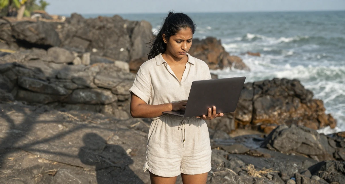 A composed Female From Sri Lanka, studied supply chain management in their 27, learning that passion doesn’t protect you from stress, wearing a short romper made of soft linen fabric, typing on a laptop in a rocky ocean cliff.