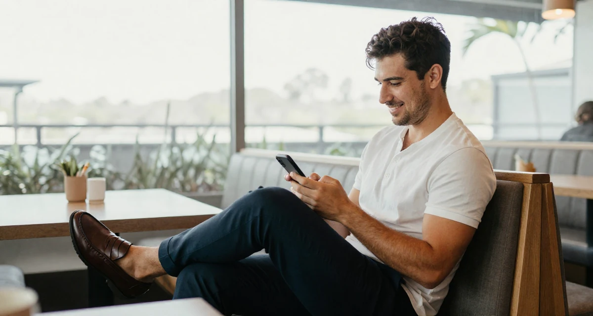 A charming male From Australia, has a degree in environmental science in their 22, embracing bold concepts while respecting boundaries, wearing a polished loafer and trousers look, checking a phone in a restaurant booth.
