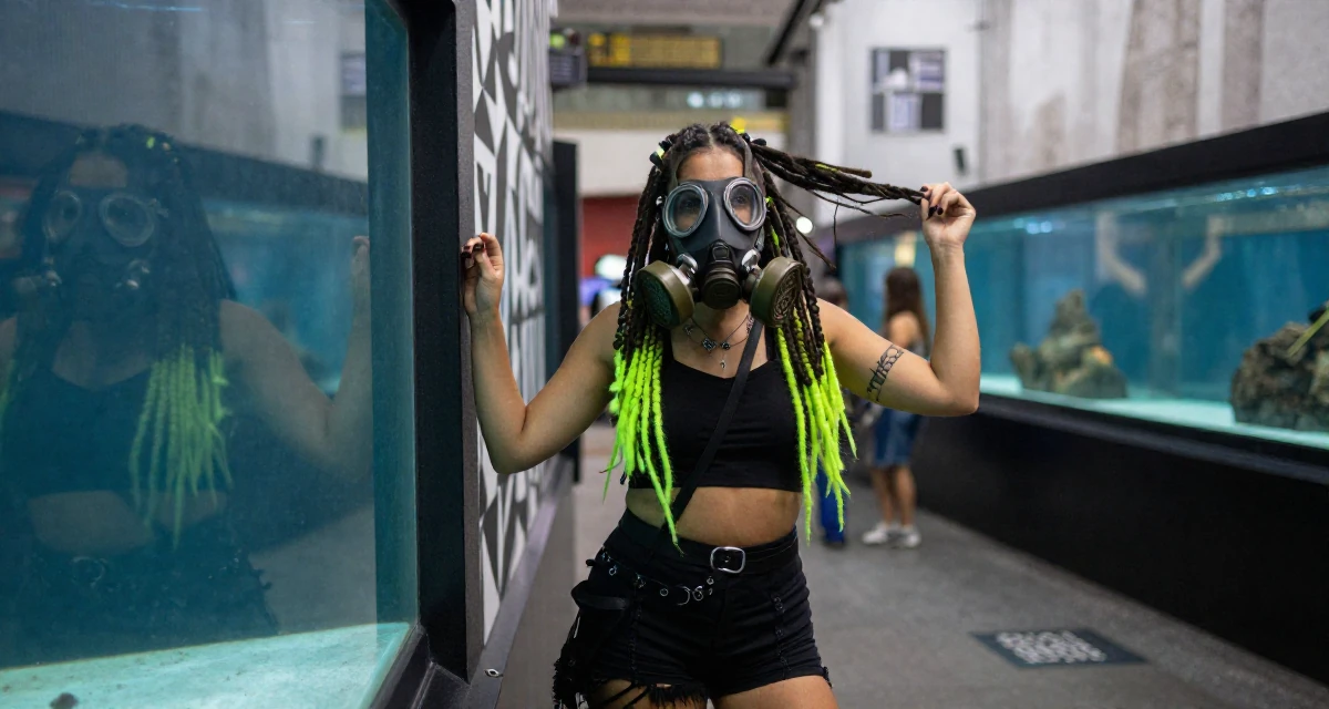 A hopeful Female From Mexico City Mexico, learned expressive movement through Latin dance in their 30, stepping confidently into a new decade of life, wearing a cyber-goth outfit with gas mask and neon dreads, twirling a lock of hair in a aquarium tunnel.