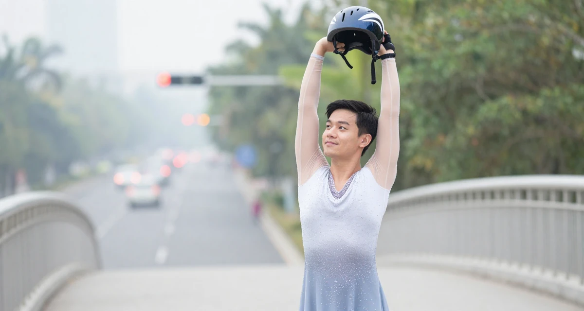 A contented male From Vietnam, majored in social work in their 25, forcing productivity during slow months, wearing a ice skater sparkly dress with sheer sleeves, holding a helmet in a winding staircase.