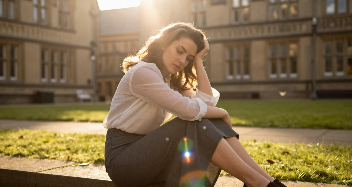 A dreamy Female From the United Kingdom, based in Manchester, graduated from a city university majoring in marketing strategy in their 30, accepting that ambition doesn’t erase exhaustion, wearing a sheer sleeve blouse and a high-waisted skirt, looking down at the ground shyly in a university campus.