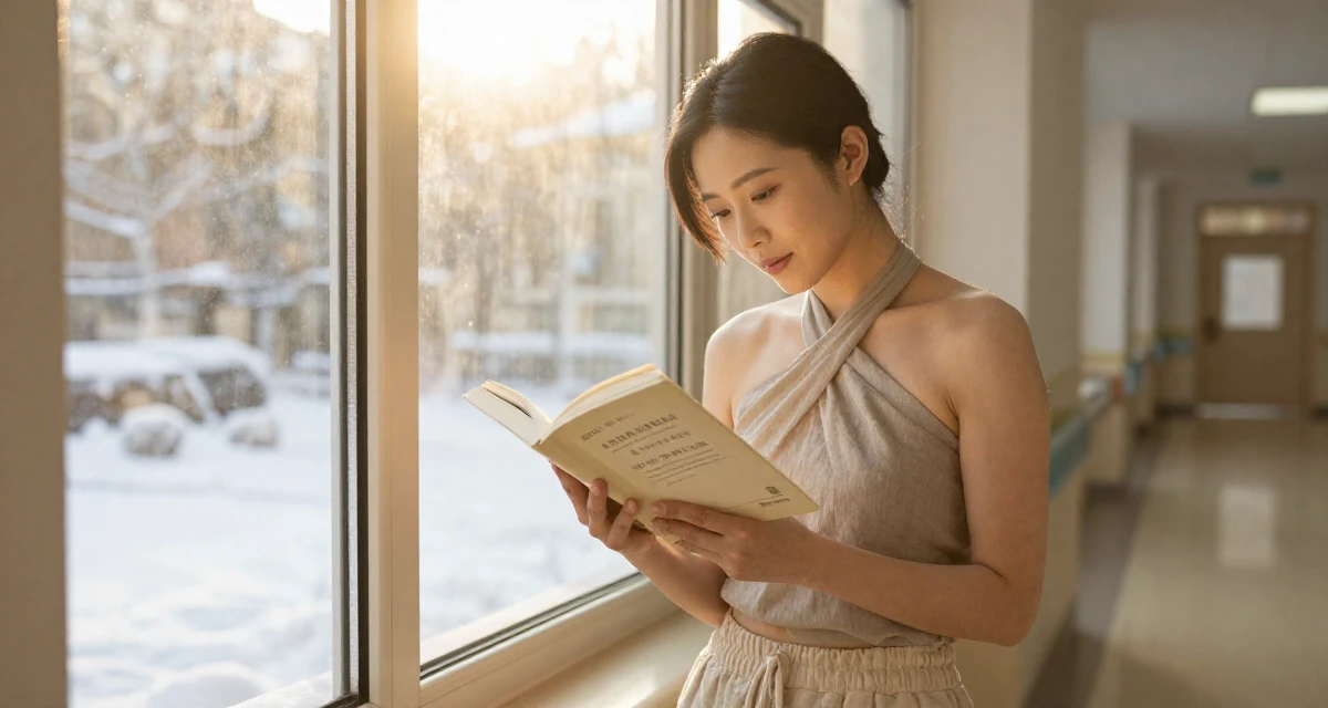 A compassionate Female From Shanghai China, grew up studying dance and digital arts in their 34, reviewing books and sharing reading lists, wearing a criss-cross halter neck top and linen shorts, rubbing hands together for warmth in a hospital corridor.