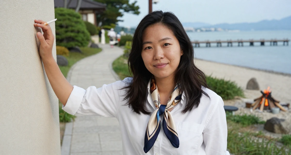 A positive Female From Seoul South Korea, studied K-style beauty and content editing in their 21, struggling to wake up for early morning lectures, wearing a silk scarf tied around the neck of a white shirt, holding a cigarette (lit or unlit) in a lakeside dock.