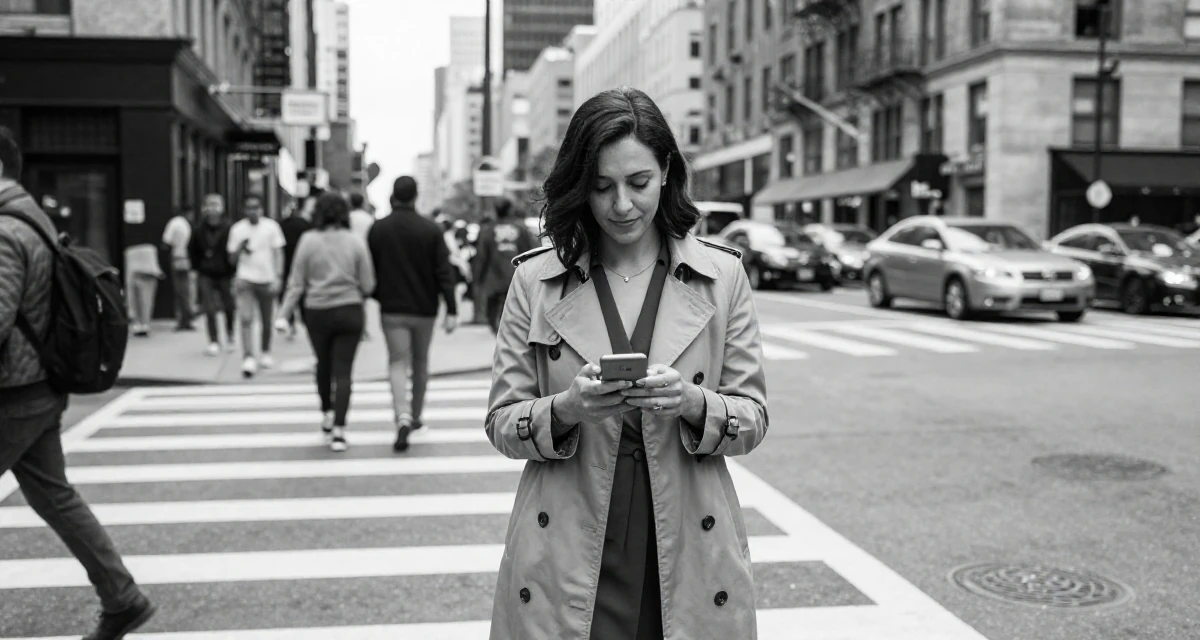 A peaceful Female Born in the Dominican Republic, studied tourism marketing in their 27, dealing with the pressure of peers getting married, wearing a classic trench coat worn over a business dress, inspecting an object in a busy crosswalk.
